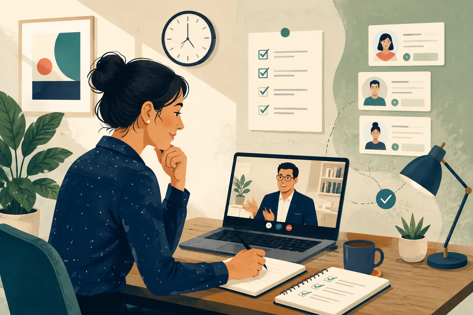 A professional preparing for a remote interview with a checklist and application cards.