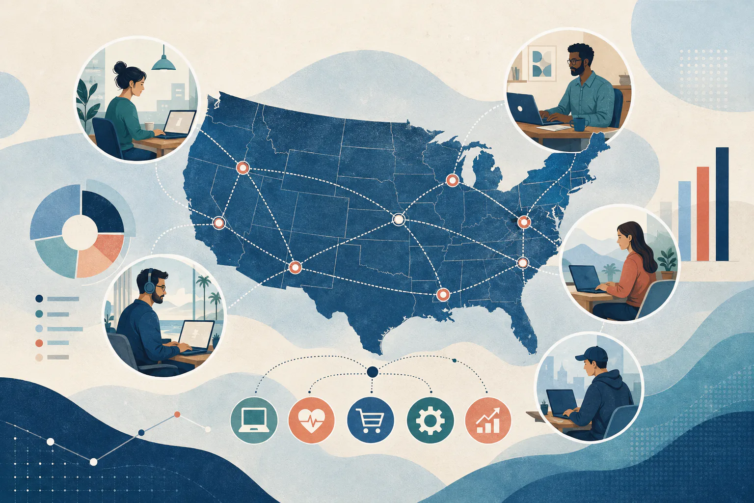 Remote workers connected across a US map alongside charts representing labor-market patterns.