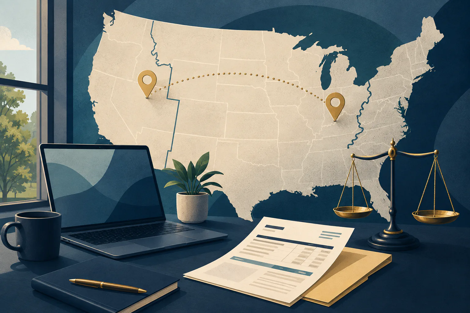 A remote-work desk in front of a US map with interstate markers, payroll documents, and scales of justice.
